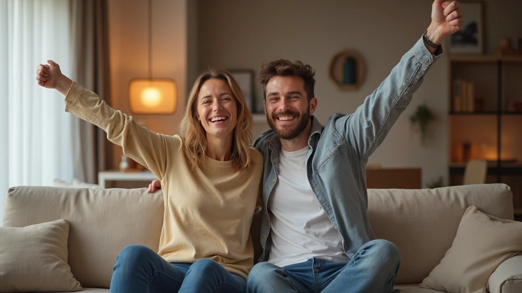 Портрет счастливой пары, обсуждающей успешное снижение долга в комфортной домашней обстановке