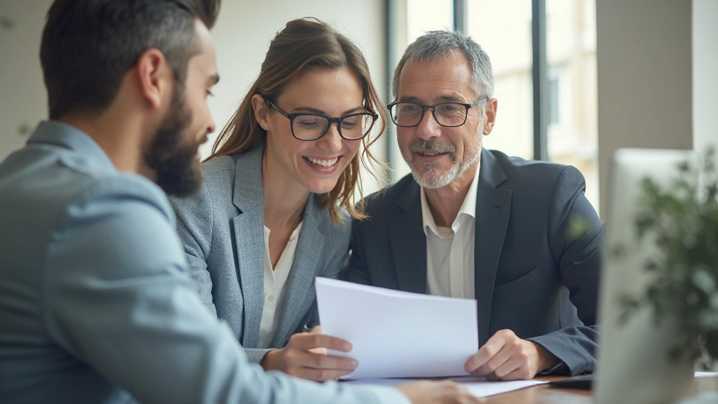 Профессиональное фото семейной пары, обсуждающей финансовый план с консультантом за столом в современном офисе