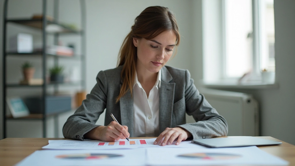 Профессиональное фото женщины, работающей с финансовым планом и графиком платежей в офисе