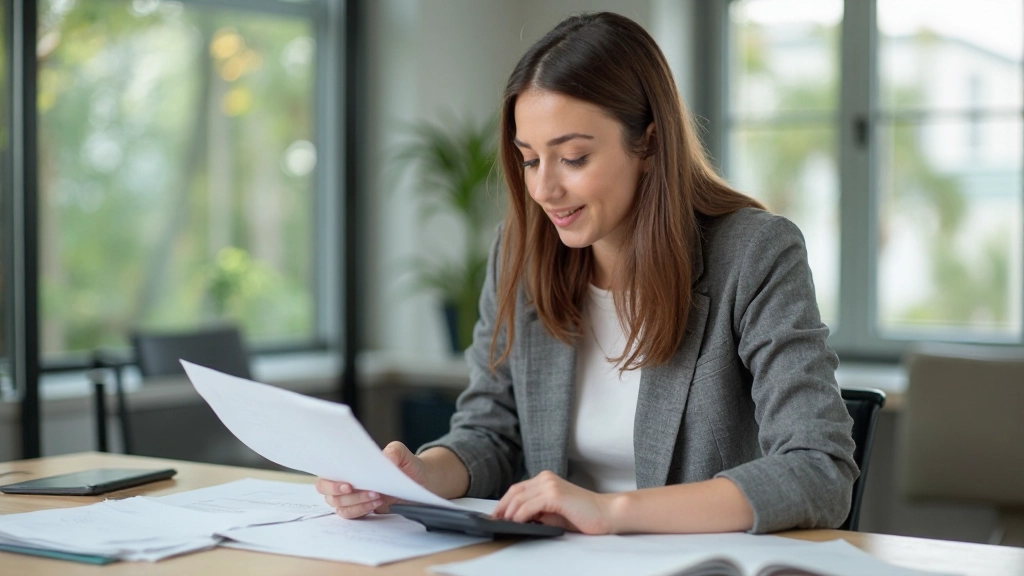 Снимок женщины, использующей калькулятор для расчета финансовых показателей за столом с документами